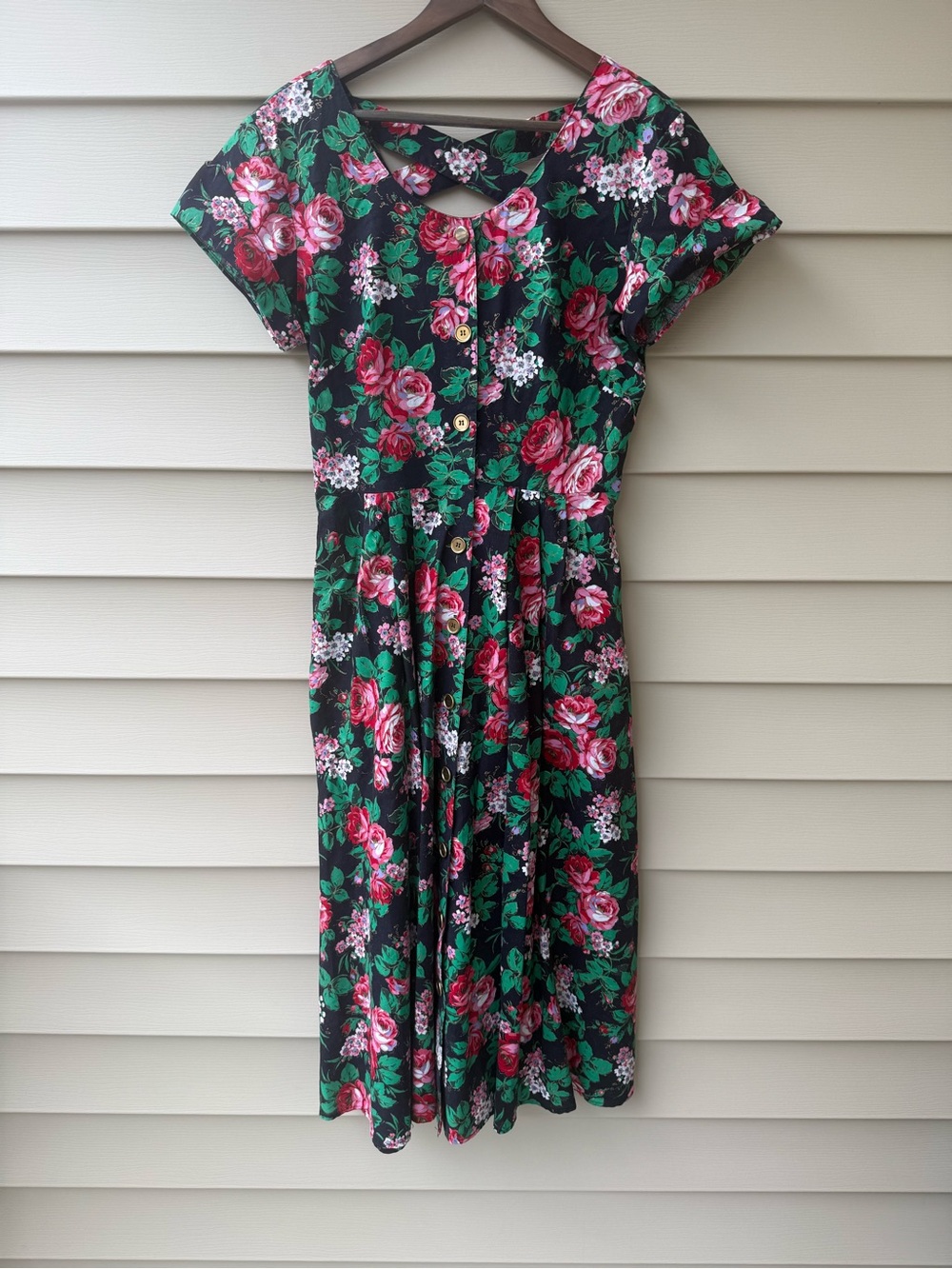Vintage S.L. Fashions M Black Pink Rose Floral Button Front Midi Dress USA